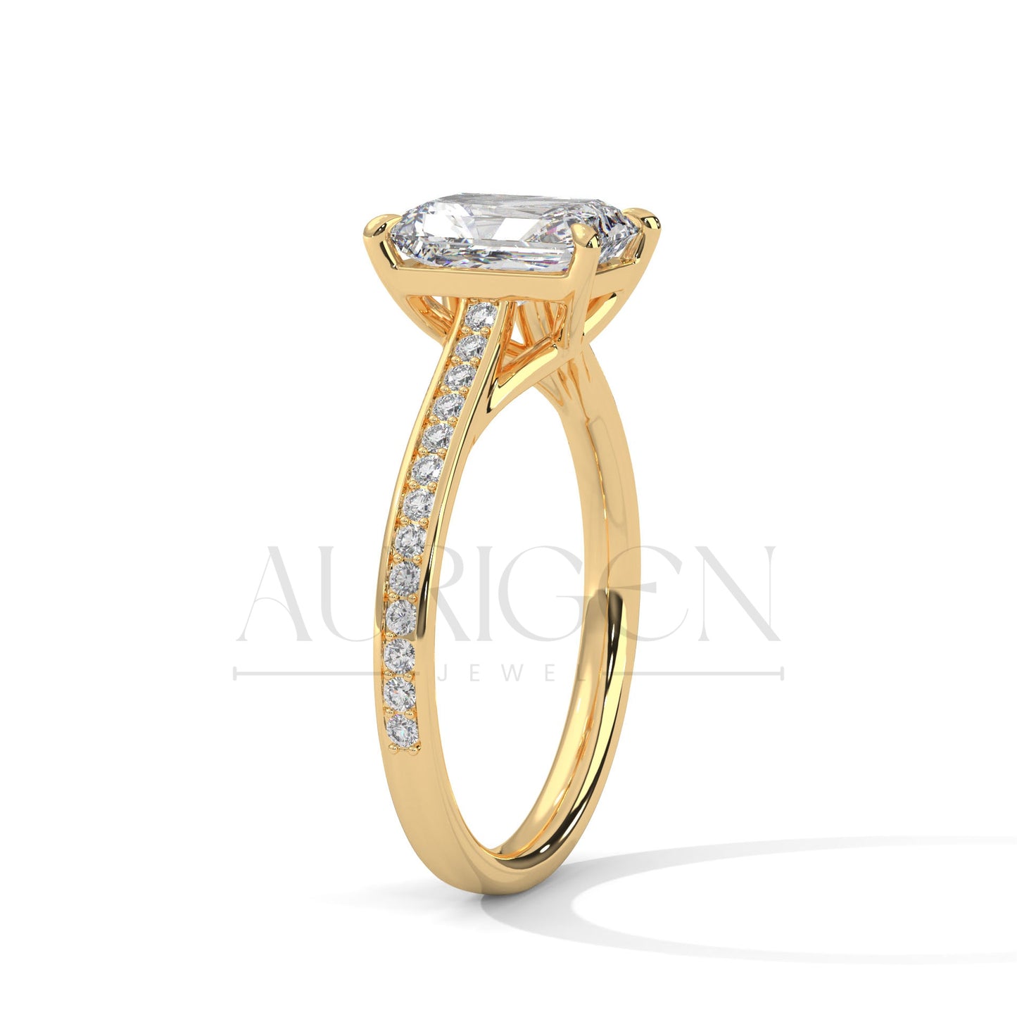 Emerald Cut Diamond Engagement Ring in 14K Solid Gold with Classic Pave Band