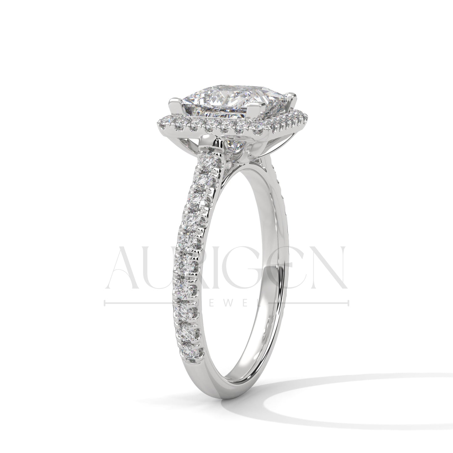 Dazzling Princess Cut Diamond Ring with Halo and Pave Shank