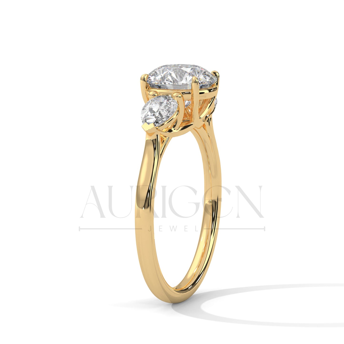 14K Solid Gold Three Stone Round Diamond Engagement Ring with Pear Side Stones