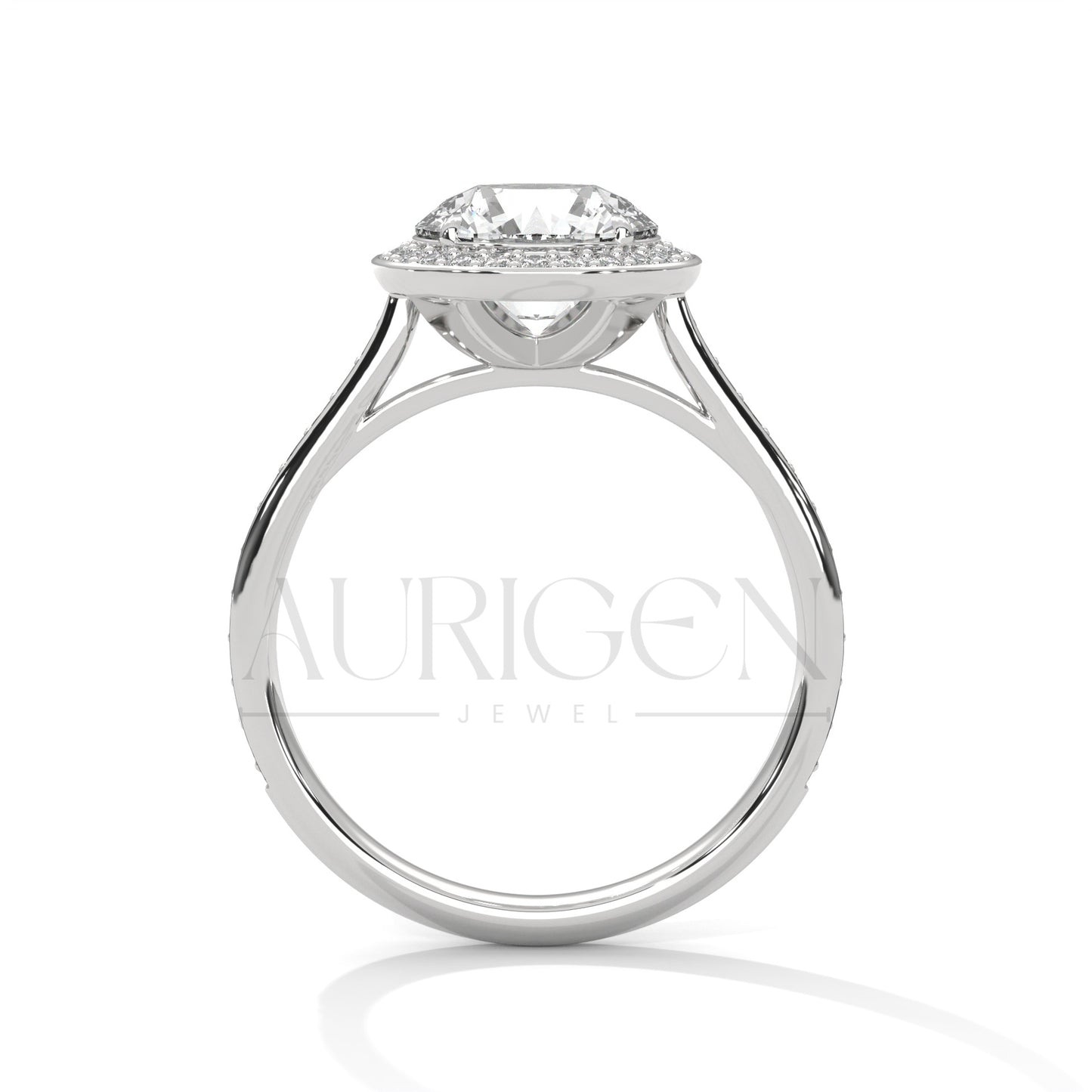 Round Halo Diamond Engagement Ring with Pave Band in 14K White Gold