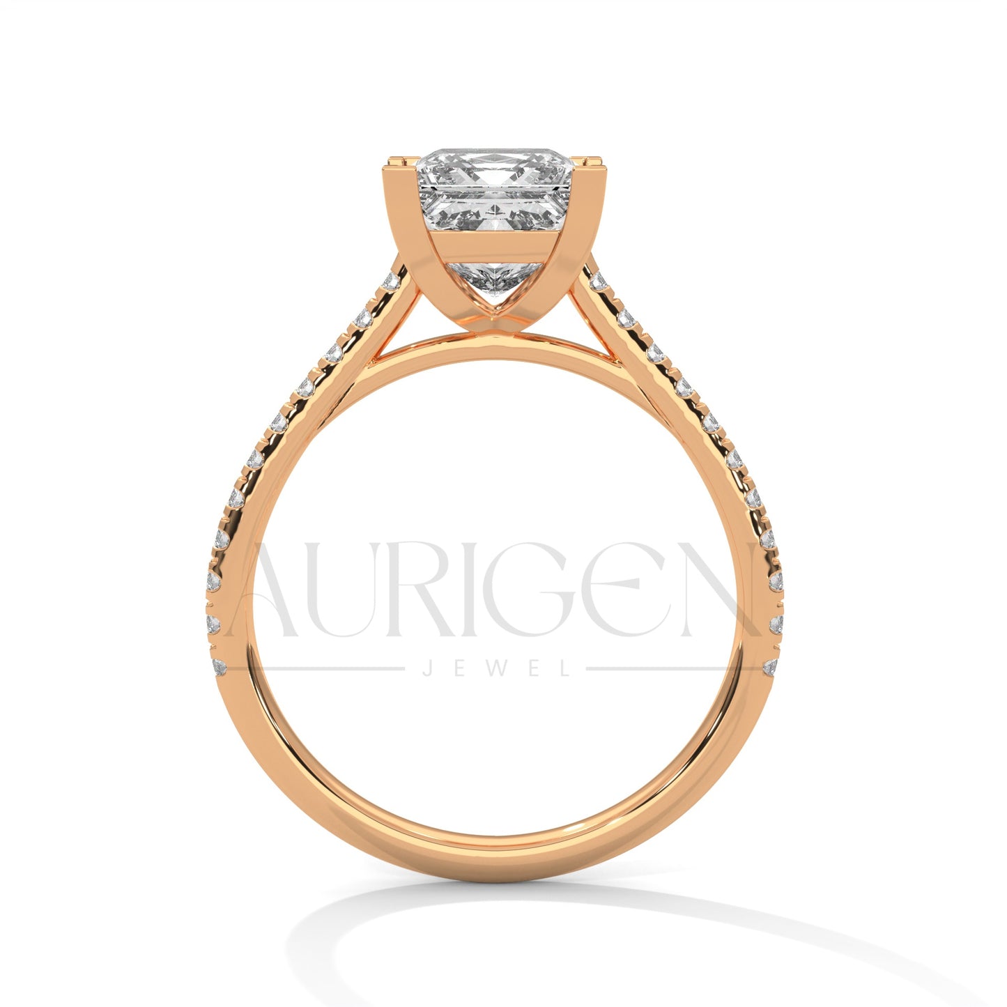 14K Solid Gold Engagement Ring with Princess Center and Pave Diamonds