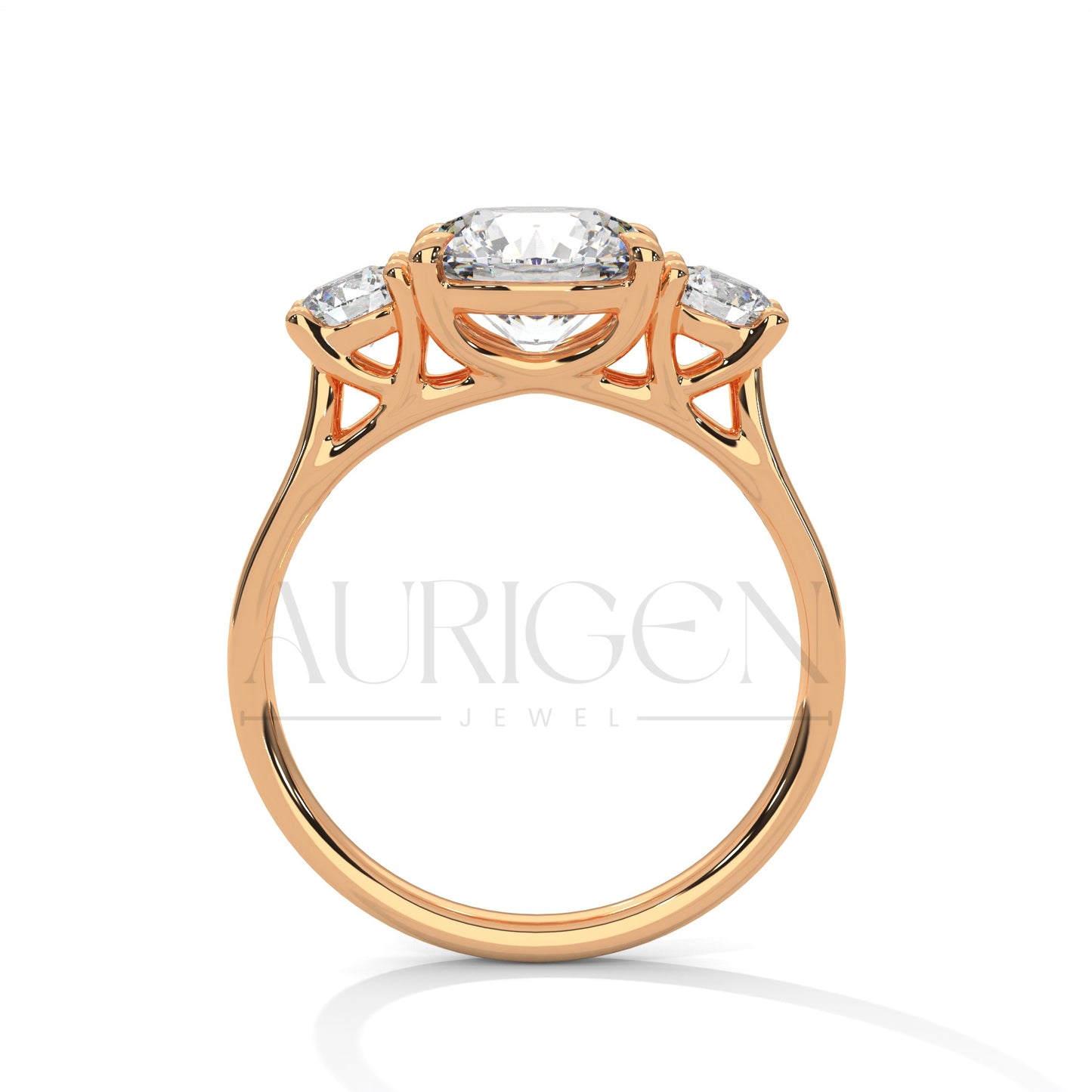 Three Stone Round Moissanite Diamond Engagement Ring in 14K Solid Gold