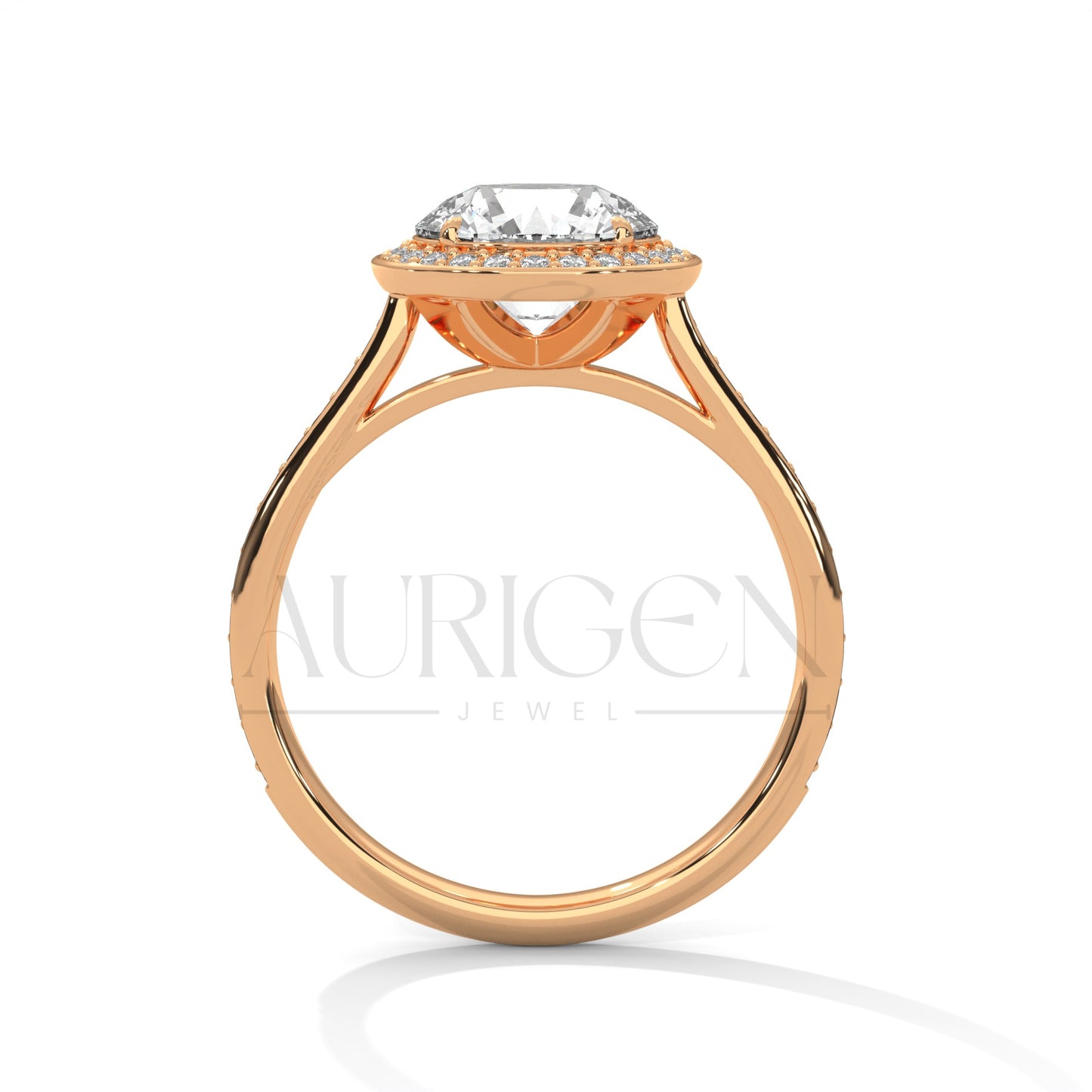 Round Halo Diamond Engagement Ring with Pave Band in 14K White Gold