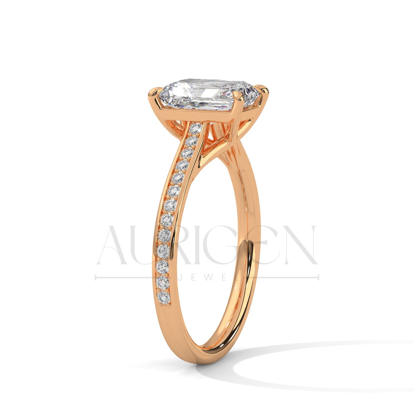 Emerald Cut Diamond Engagement Ring in 14K Solid Gold with Classic Pave Band