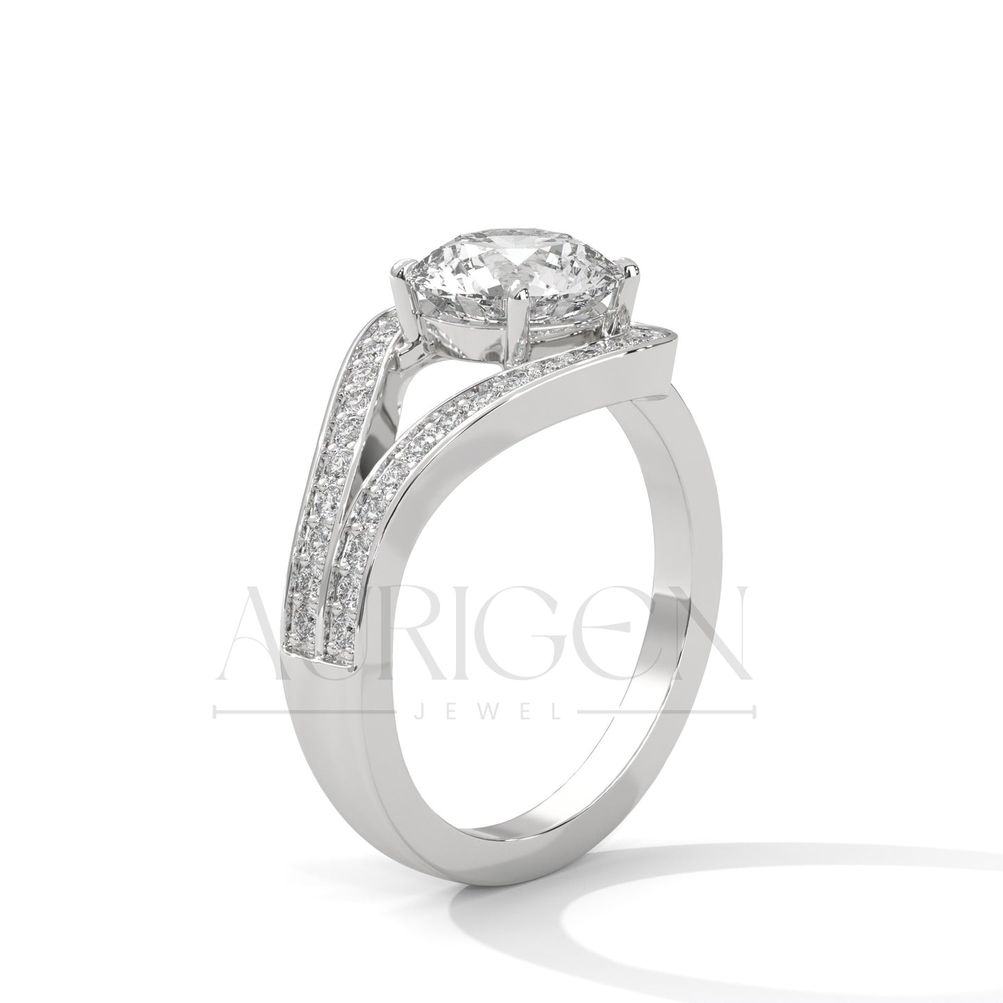 14K Solid Gold Split Shank Engagement Ring with Halo Diamonds