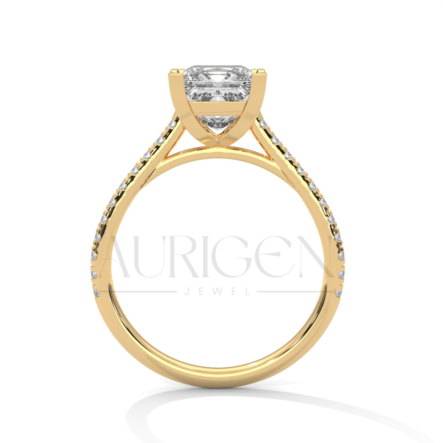 14K Solid Gold Engagement Ring with Princess Center and Pave Diamonds