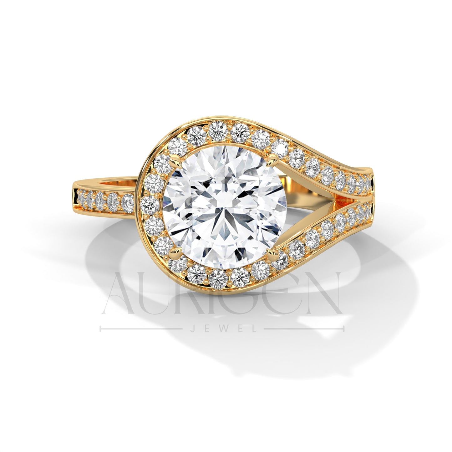 14K Solid Gold Split Shank Engagement Ring with Halo Diamonds
