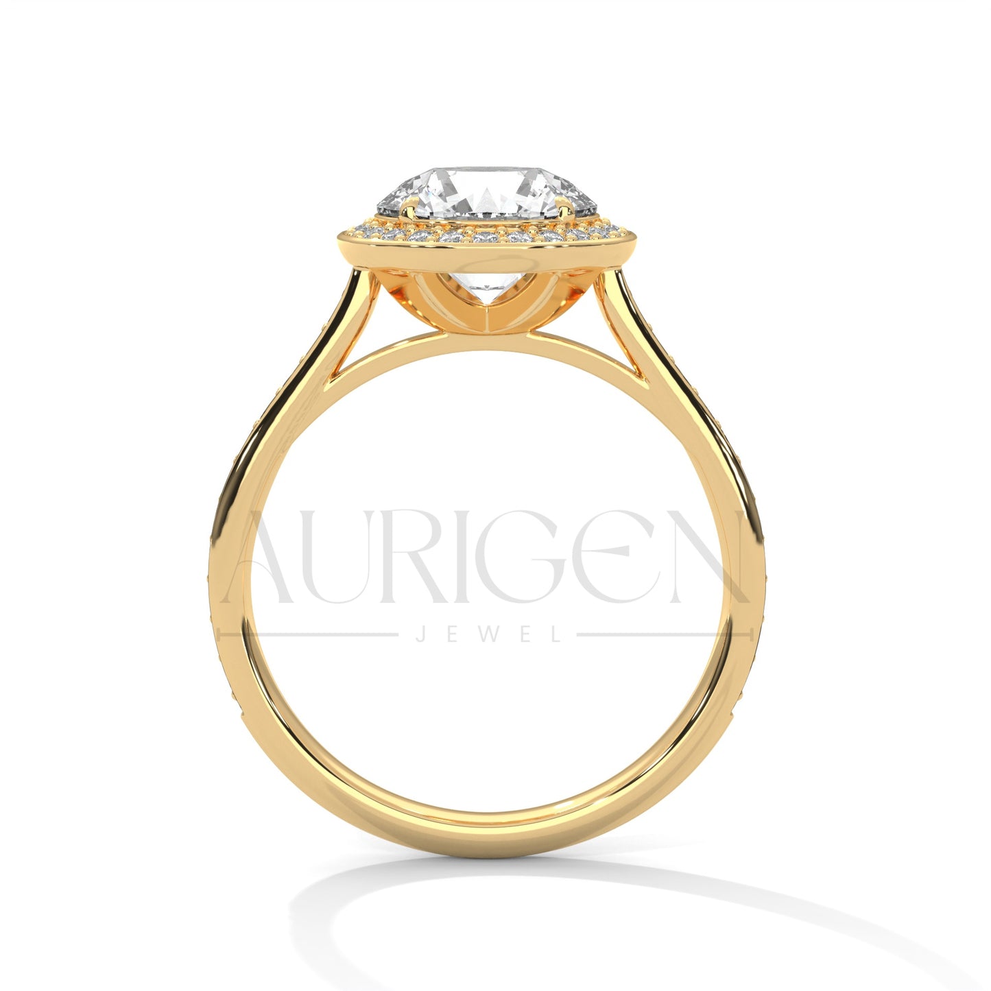 Round Halo Diamond Engagement Ring with Pave Band in 14K White Gold