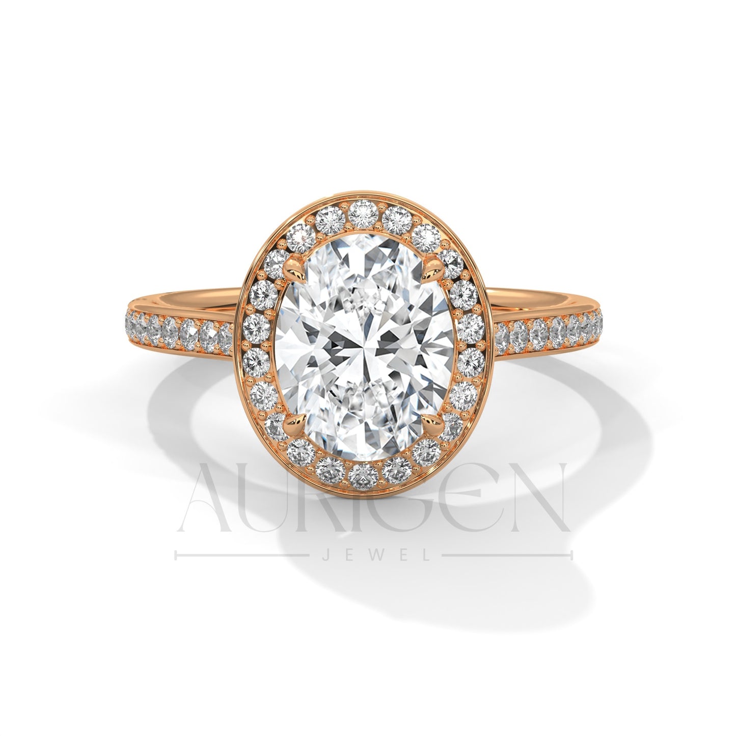 2 Ct Oval Halo Diamond Engagement Ring in 14K Solid Gold with Pave Band