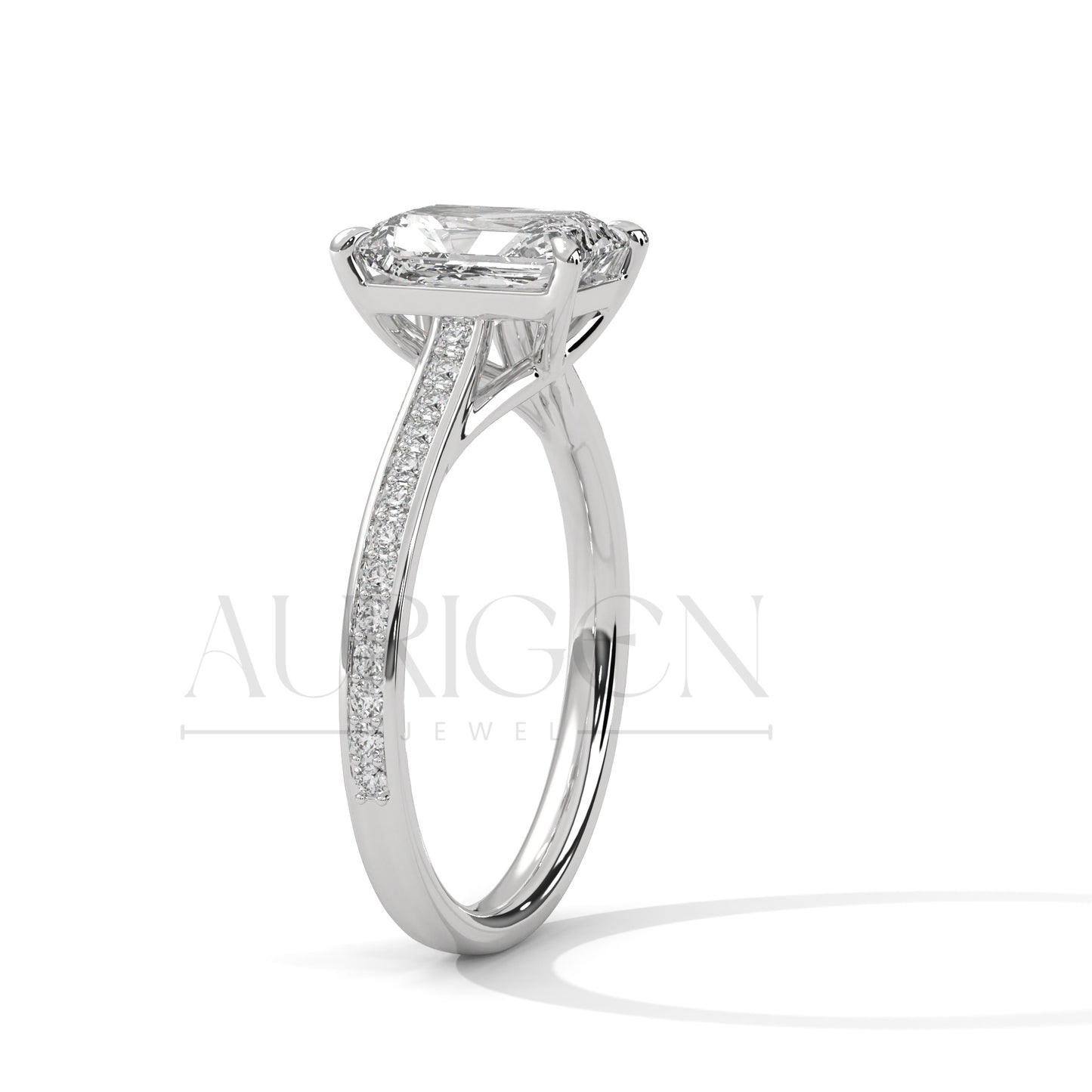 Emerald Cut Diamond Engagement Ring in 14K Solid Gold with Classic Pave Band