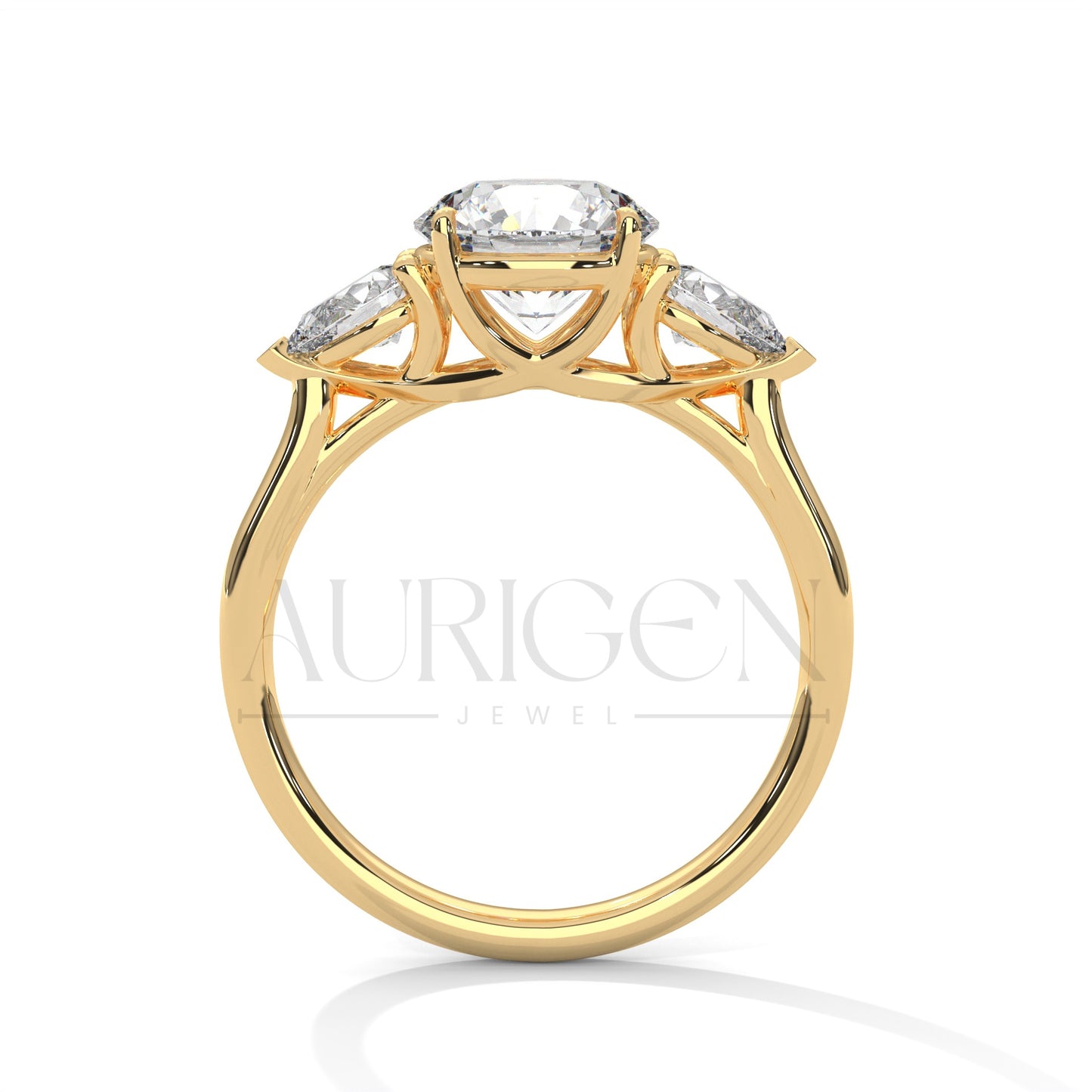 14K Solid Gold Three Stone Round Diamond Engagement Ring with Pear Side Stones