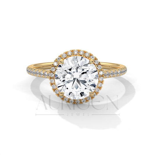 14K Solid Gold Round Brilliant Cut Diamond Ring with Halo and Pave Setting