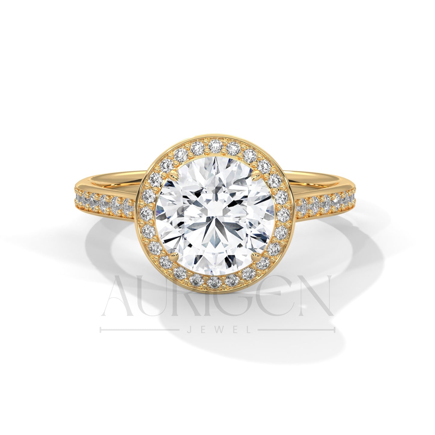 Round Halo Diamond Engagement Ring with Pave Band in 14K White Gold