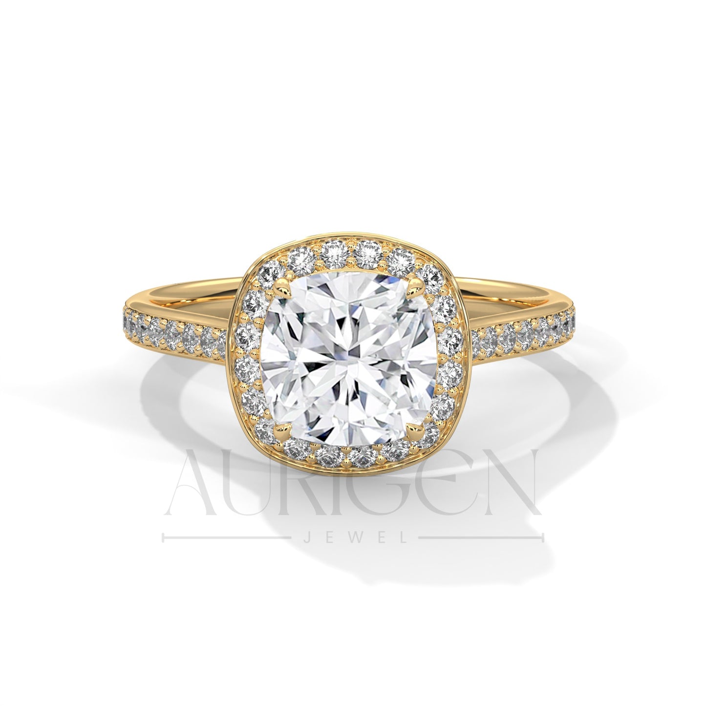 2 Ct Cushion Halo Diamond Engagement Ring with Pave Band in White Gold