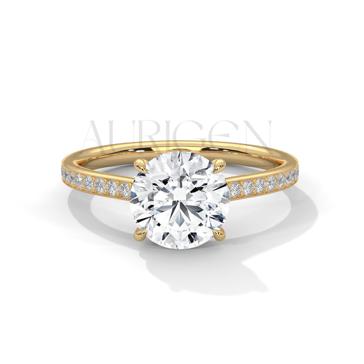 14K White Gold Round Solitaire Diamond Ring with Elegant Pave Design