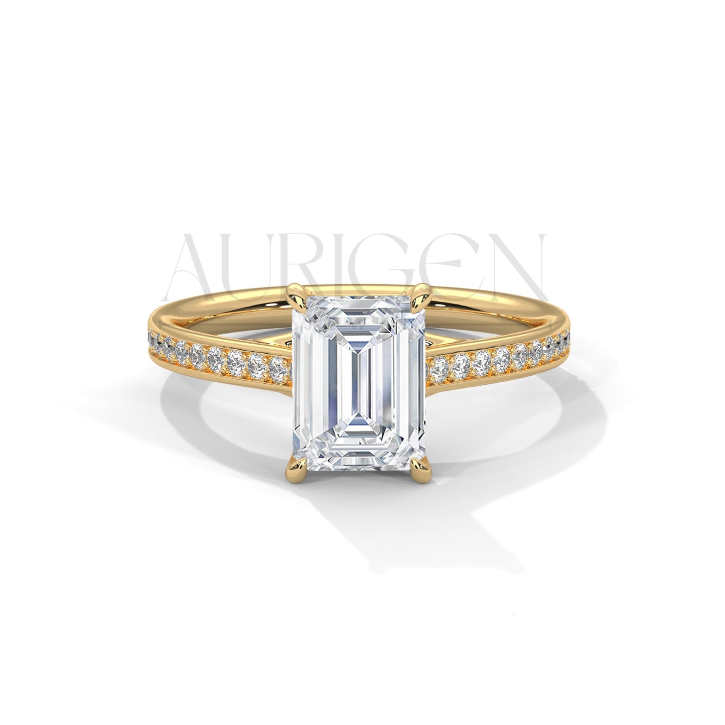 Emerald Cut Diamond Engagement Ring in 14K Solid Gold with Classic Pave Band