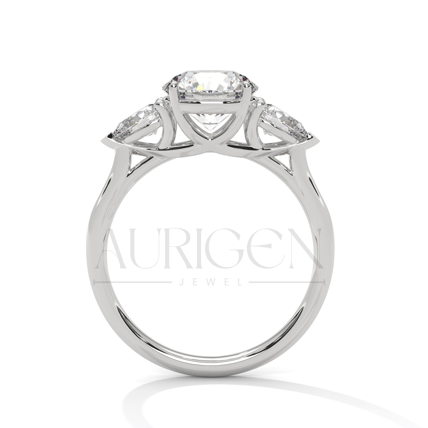 14K Solid Gold Three Stone Round Diamond Engagement Ring with Pear Side Stones