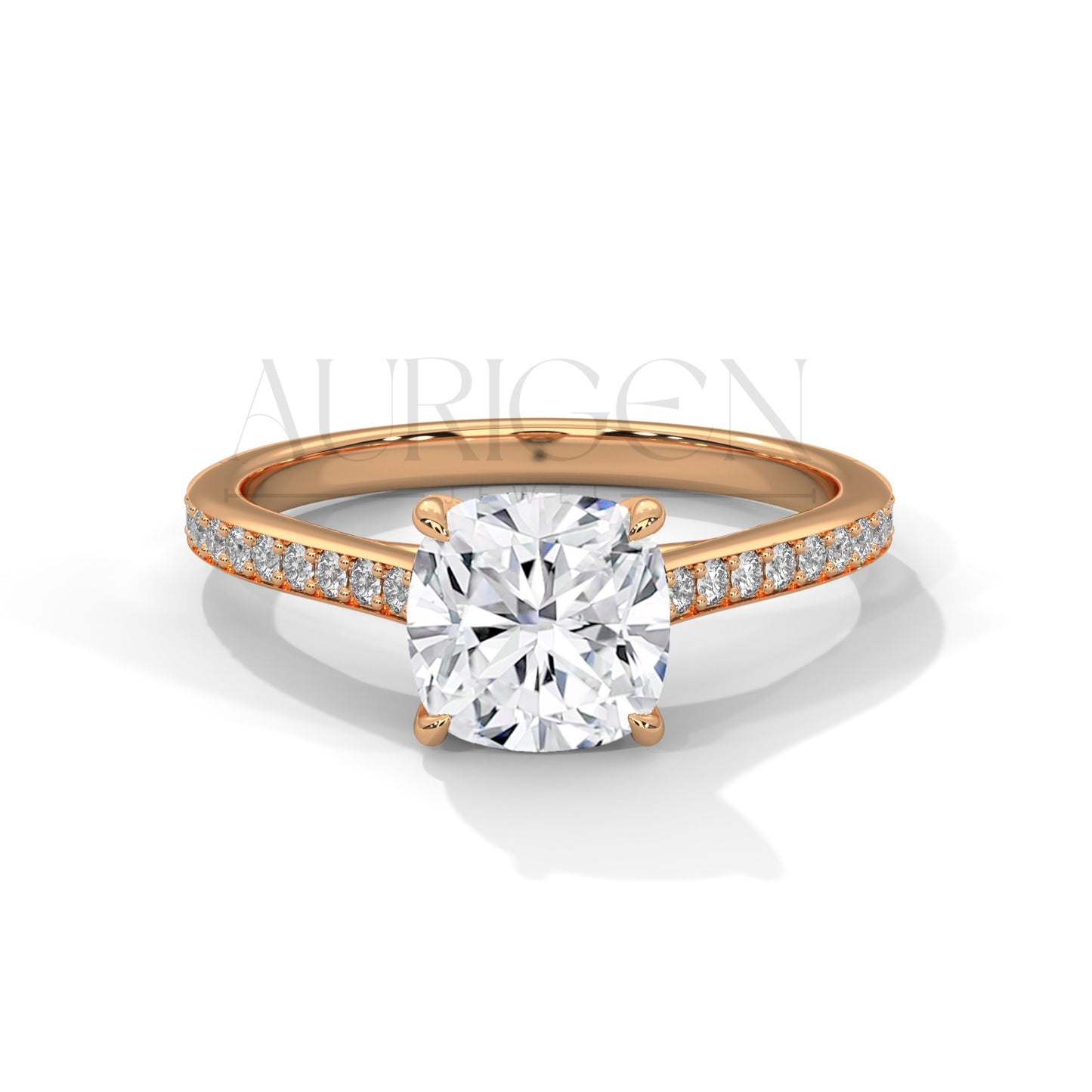 2 Ct Cushion Cut Diamond Engagement Ring with Pave Band in 14K White Gold