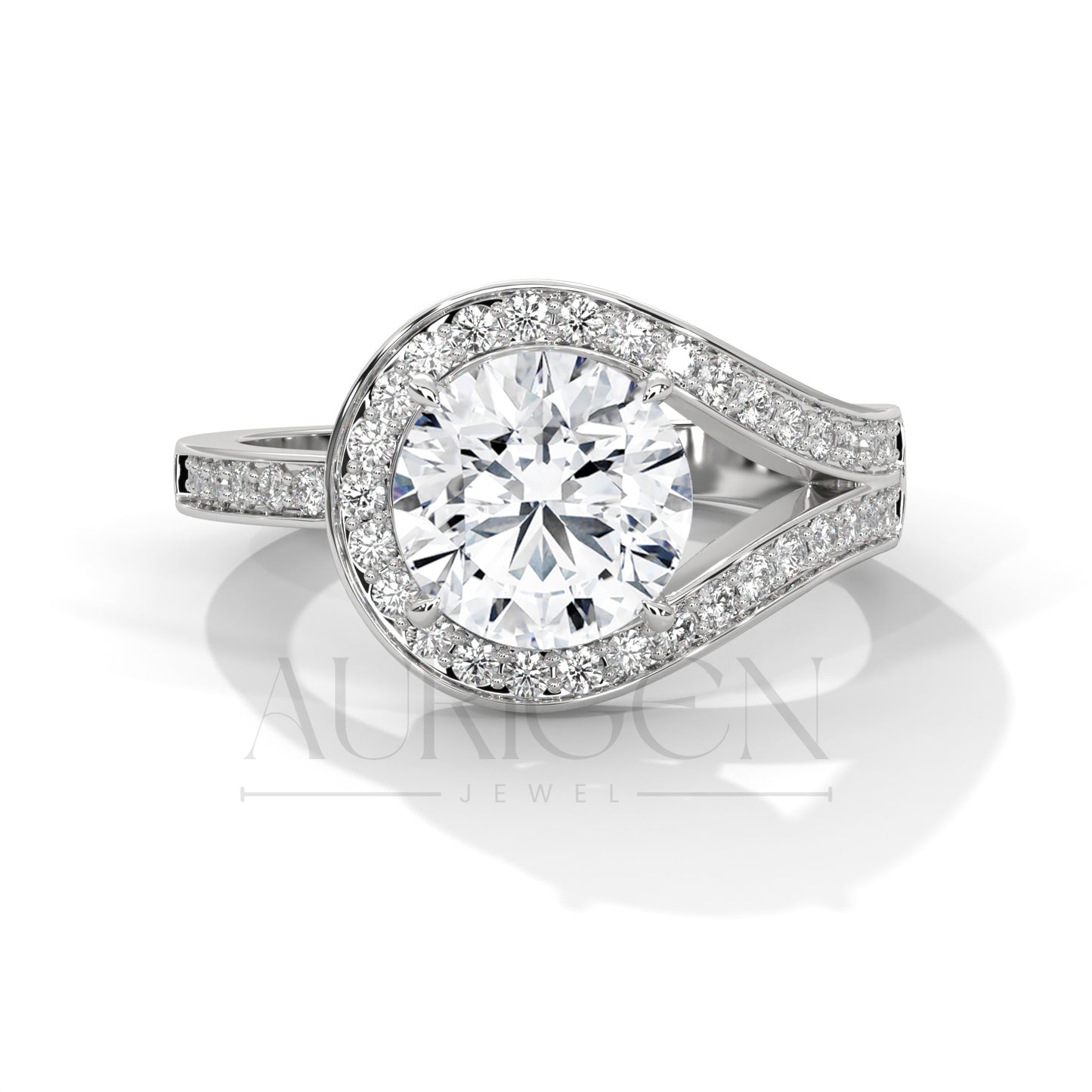 14K Solid Gold Split Shank Engagement Ring with Halo Diamonds