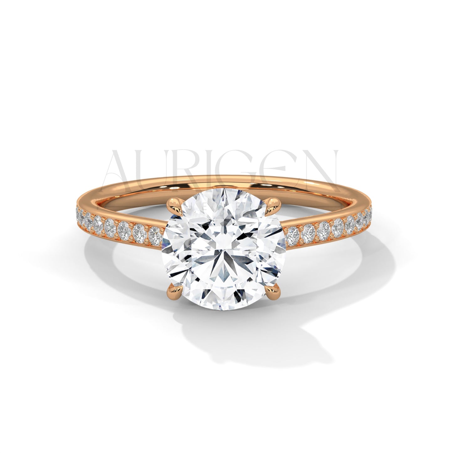 14K White Gold Round Solitaire Diamond Ring with Elegant Pave Design