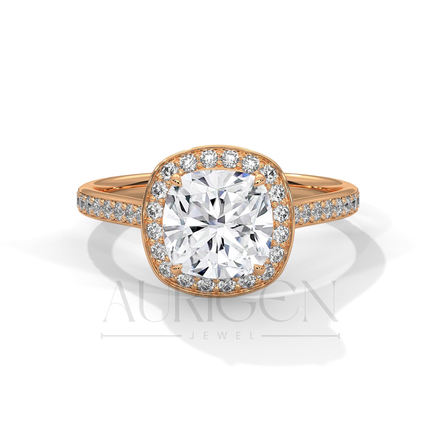 2 Ct Cushion Halo Diamond Engagement Ring with Pave Band in White Gold