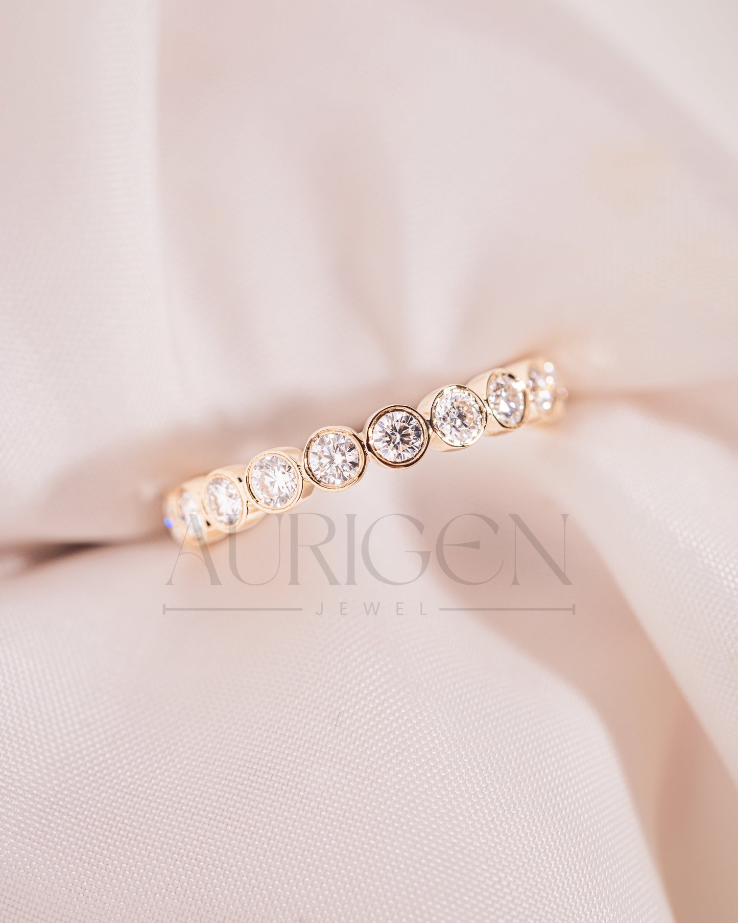 Round Bezel Set Moissanite and Leb Diamond Full Eternity Band 14K Solid Gold