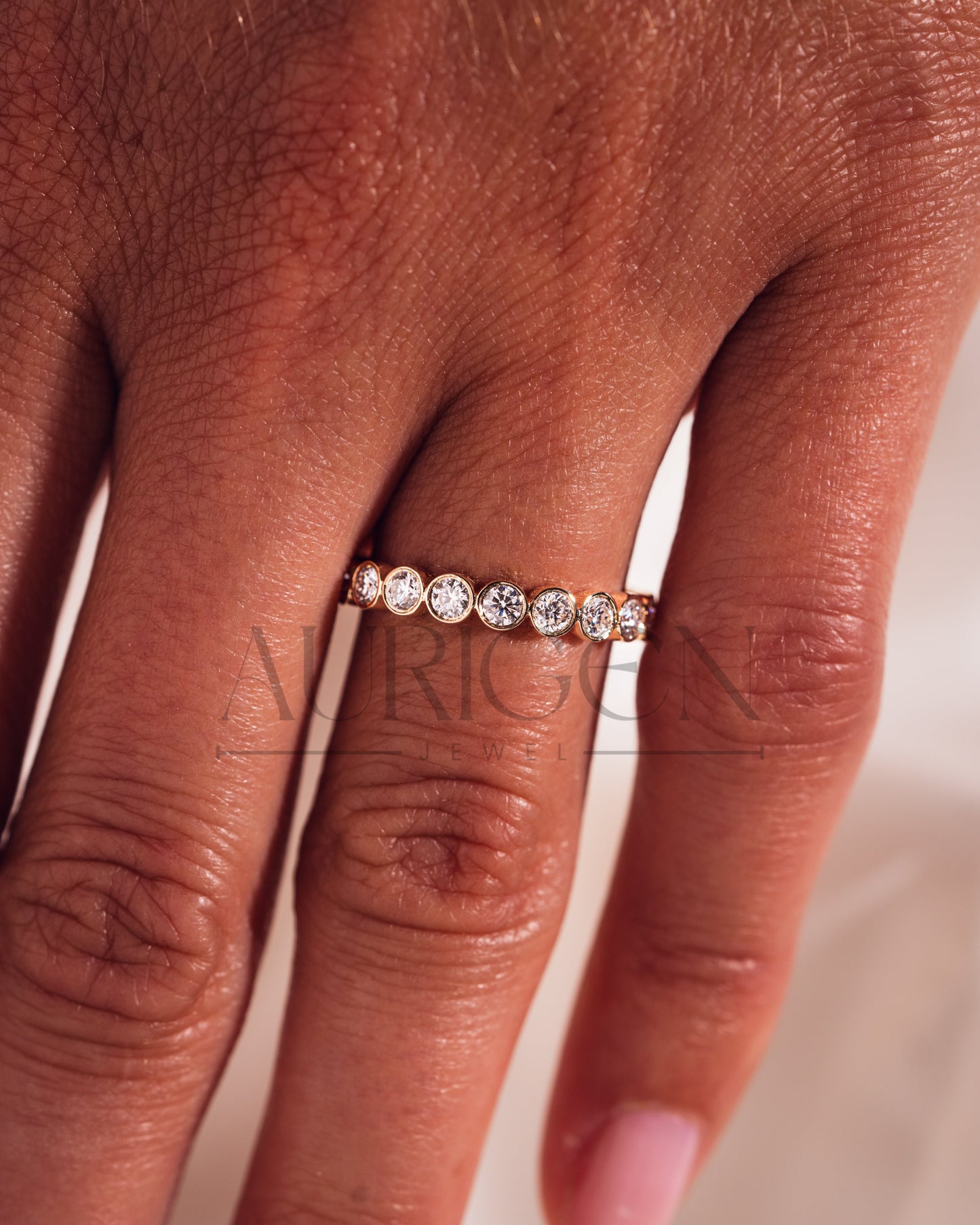 Round Bezel Set Moissanite and Leb Diamond Full Eternity Band 14K Solid Gold