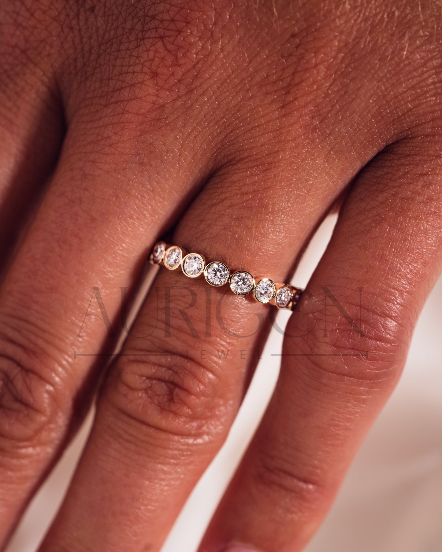 Round Bezel Set Moissanite and Leb Diamond Full Eternity Band 14K Solid Gold