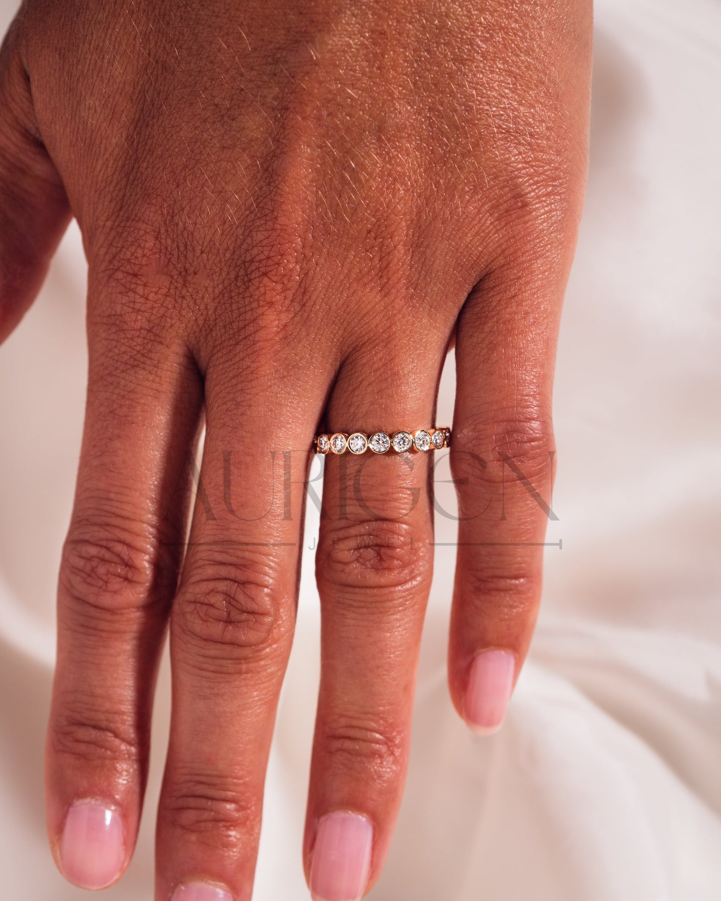 Round Bezel Set Moissanite and Leb Diamond Full Eternity Band 14K Solid Gold