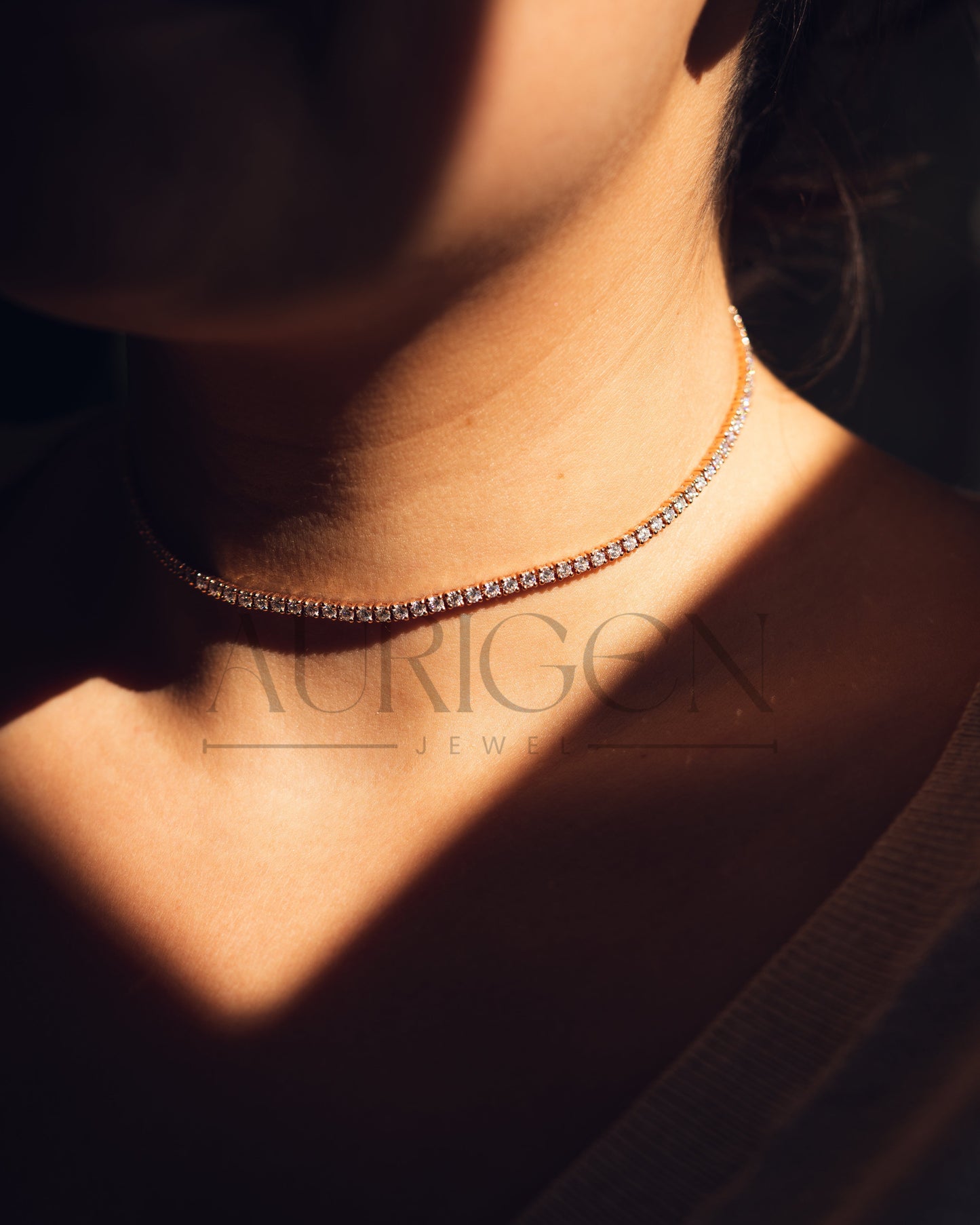 Dainty 14K Rose Gold Tennis Necklace - Round Cut Lab Grown and Moissanite Diamond