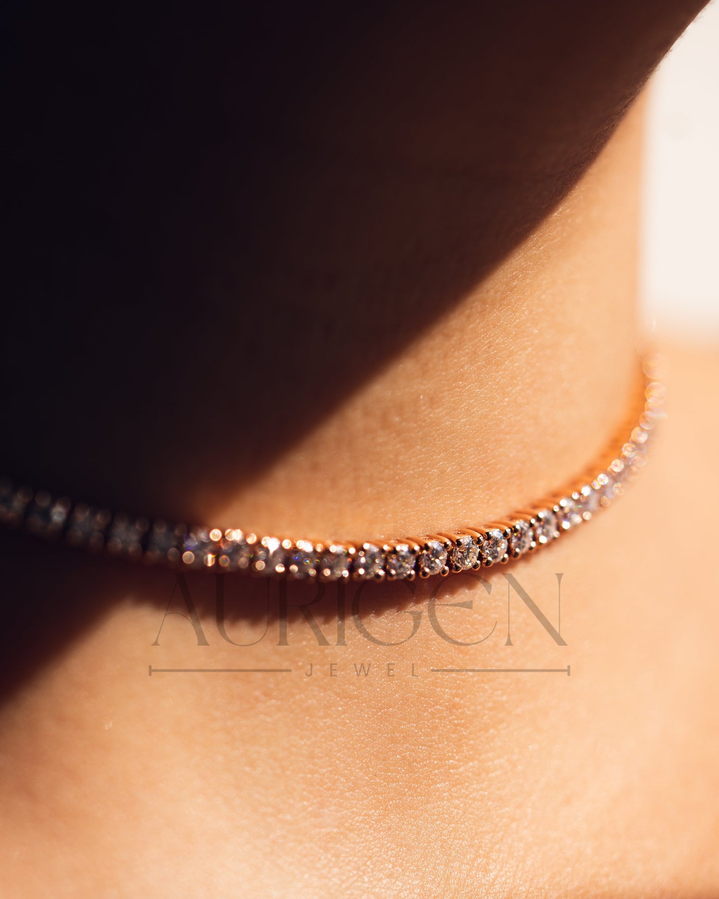 Dainty 14K Rose Gold Tennis Necklace - Round Cut Lab Grown and Moissanite Diamond