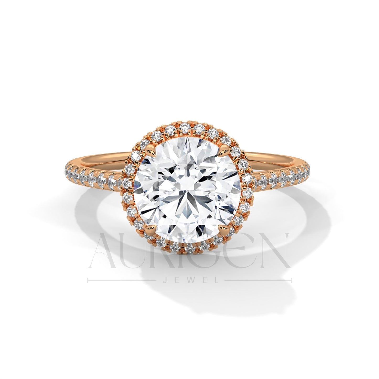 14K Solid Gold Round Brilliant Cut Diamond Ring with Halo and Pave Setting