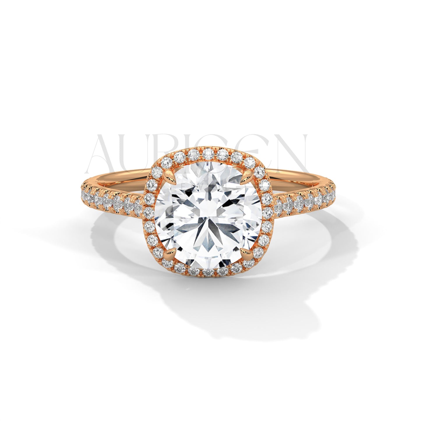 Round Brilliant Diamond Halo Engagement Ring in 14K Solid Gold with Pave Band