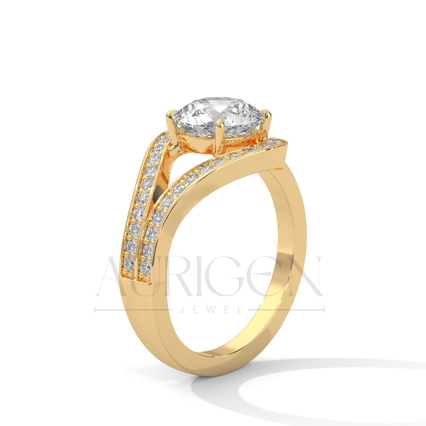 14K Solid Gold Split Shank Engagement Ring with Halo Diamonds