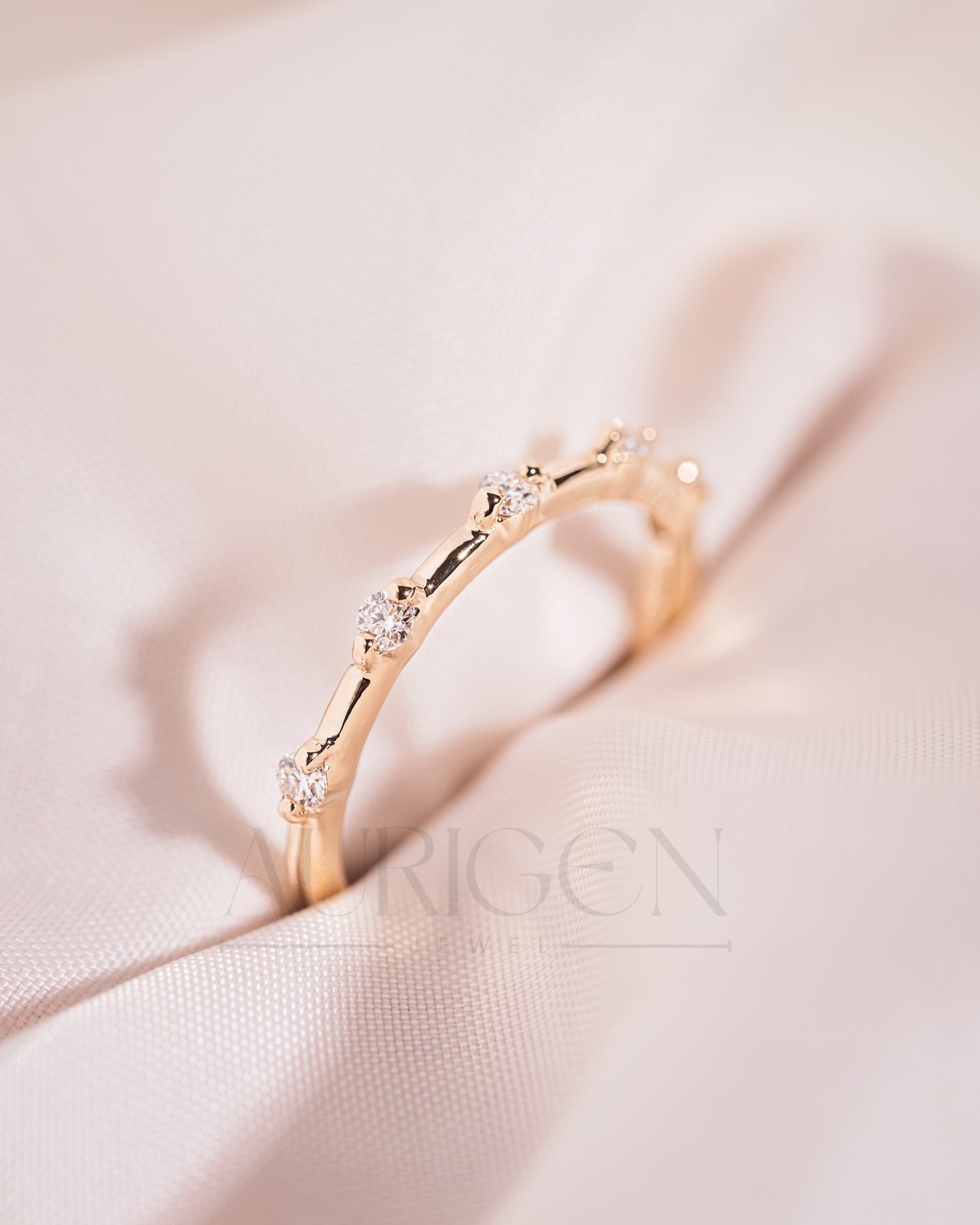 Delicate 14K Solid Gold Engagement Band with Moissanite & leb Diamonds