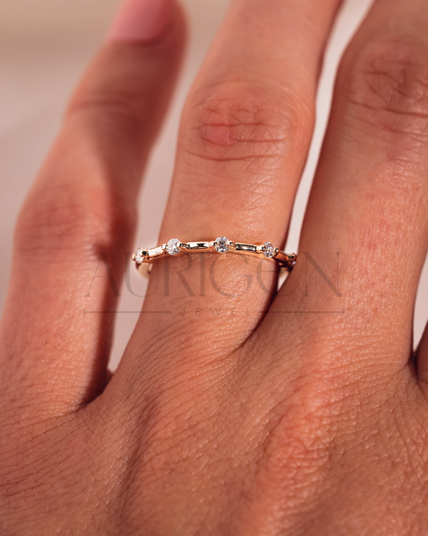 Delicate 14K Solid Gold Engagement Band with Moissanite & leb Diamonds