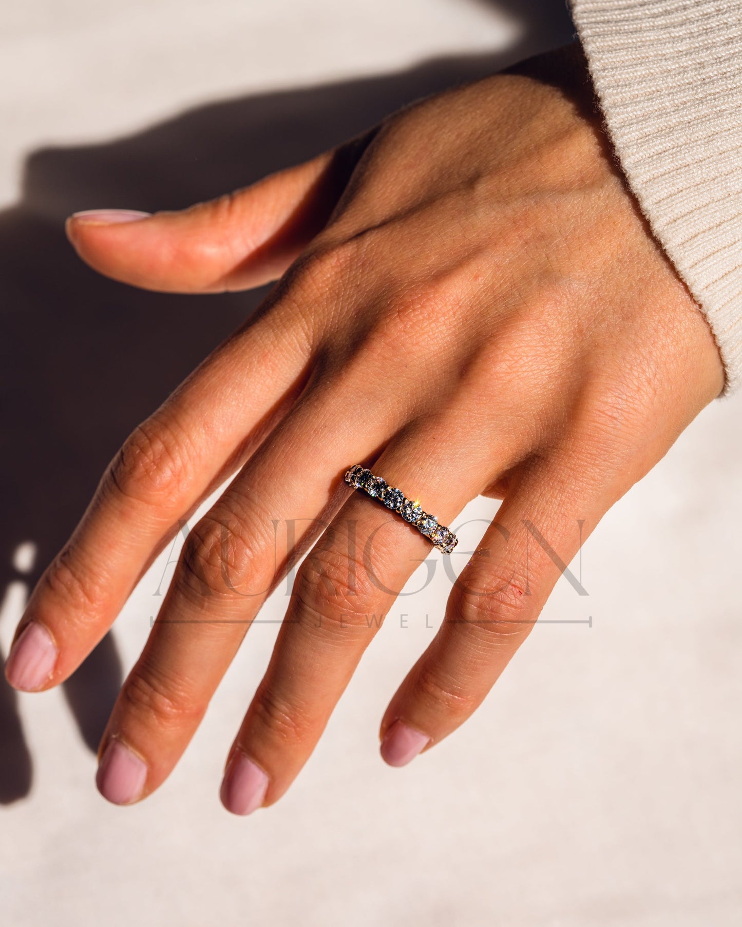 Round Moissanite & Leb Grown Diamond Eternity Band in 14K Solid Gold
