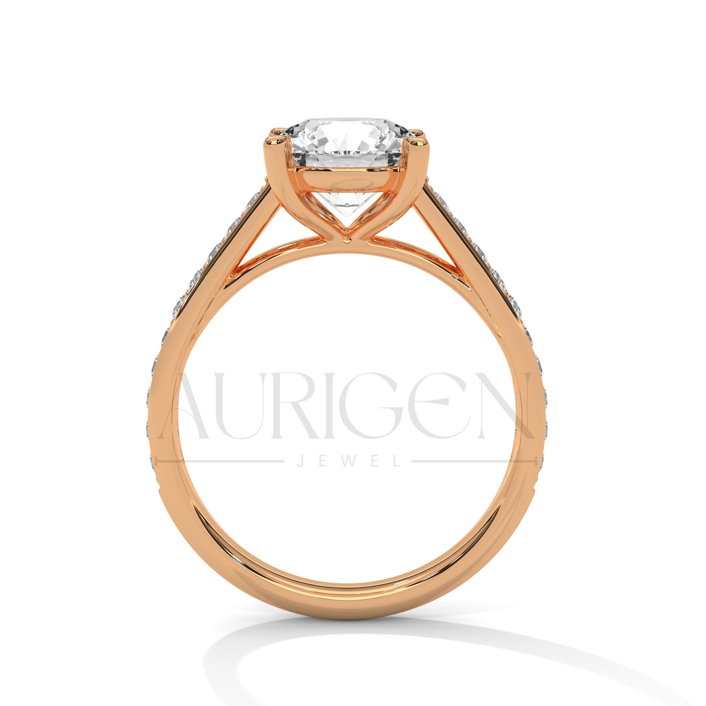 Round Cut Moissanite Diamond Ring with Pave Shank in 14K Solid Gold Engagement Ring