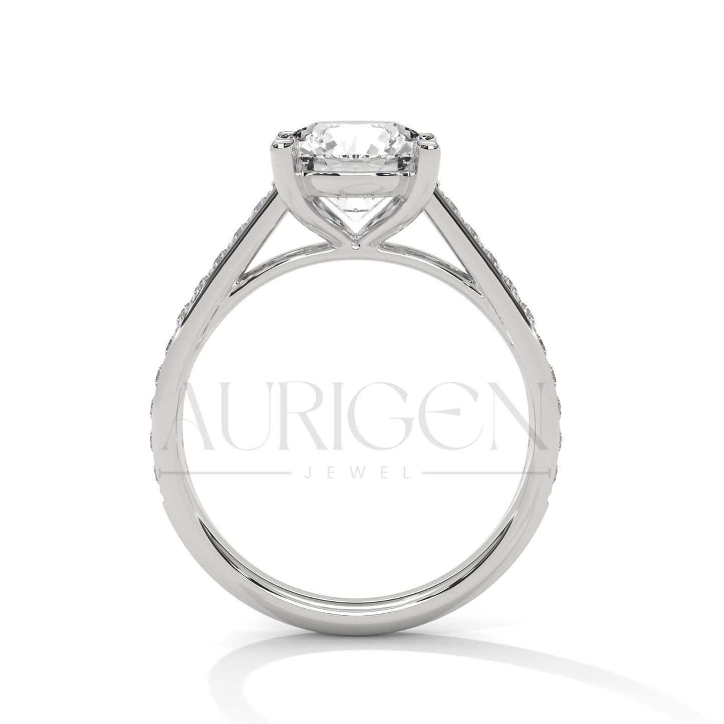 Round Cut Moissanite Diamond Ring with Pave Shank in 14K Solid Gold Engagement Ring