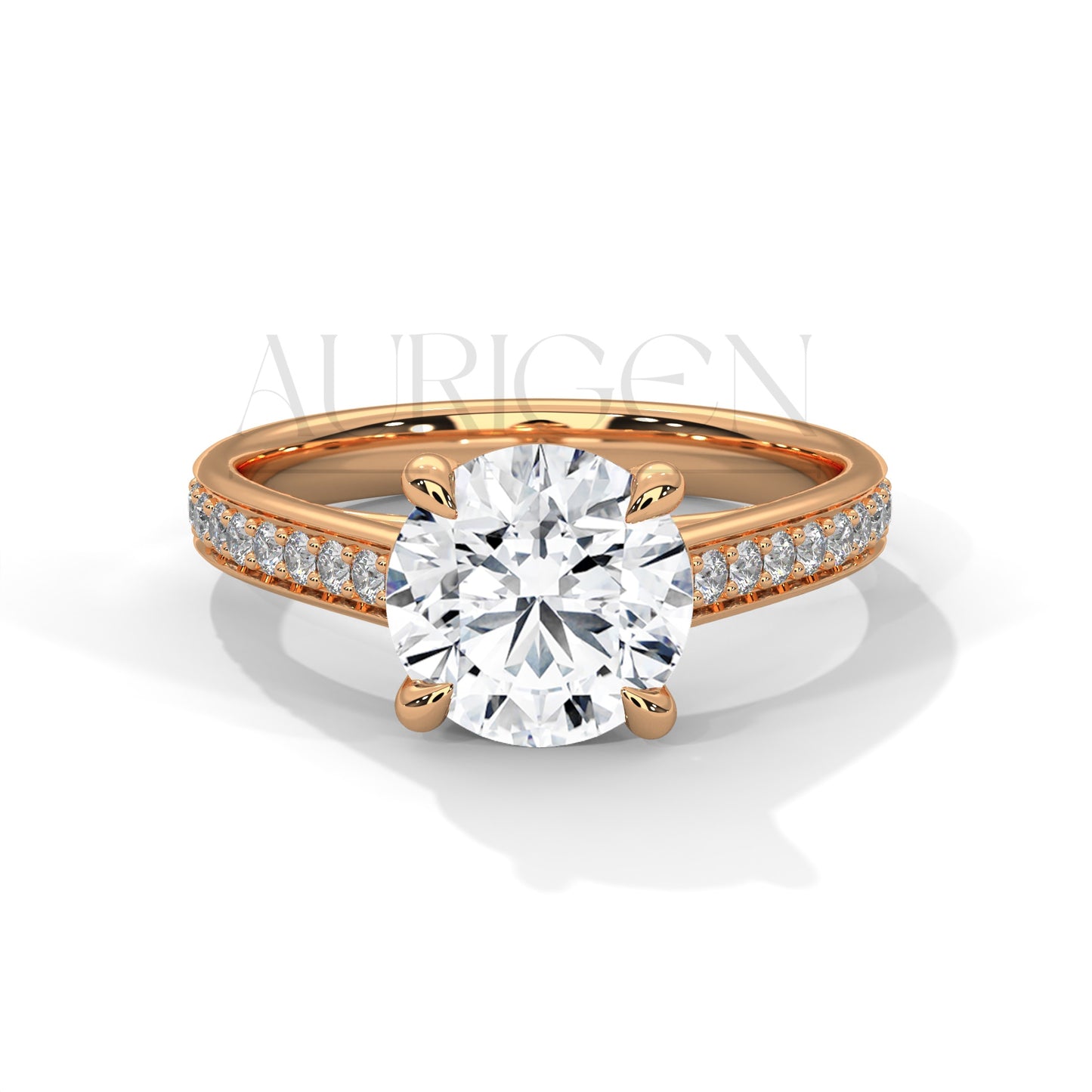 Round Cut Moissanite Diamond Ring with Pave Shank in 14K Solid Gold Engagement Ring