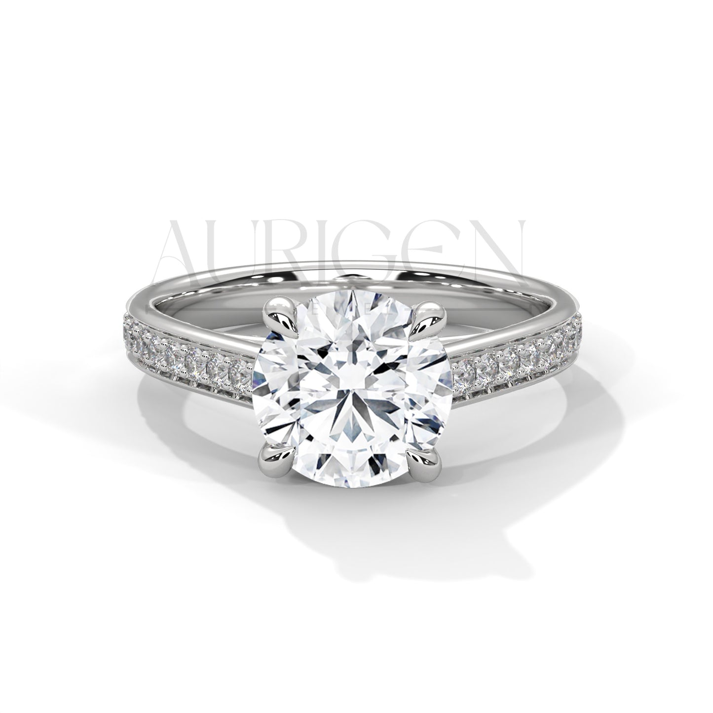 Round Cut Moissanite Diamond Ring with Pave Shank in 14K Solid Gold Engagement Ring
