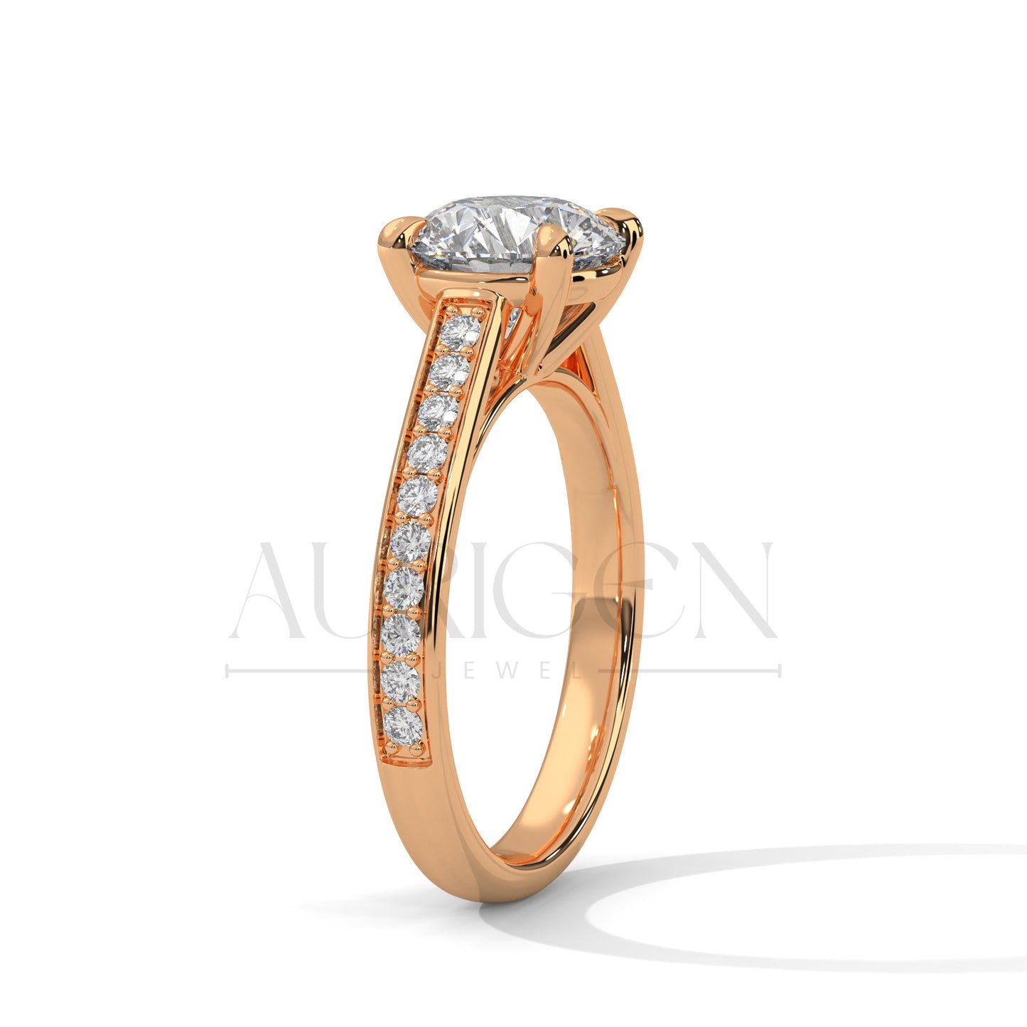 Round Cut Moissanite Diamond Ring with Pave Shank in 14K Solid Gold Engagement Ring