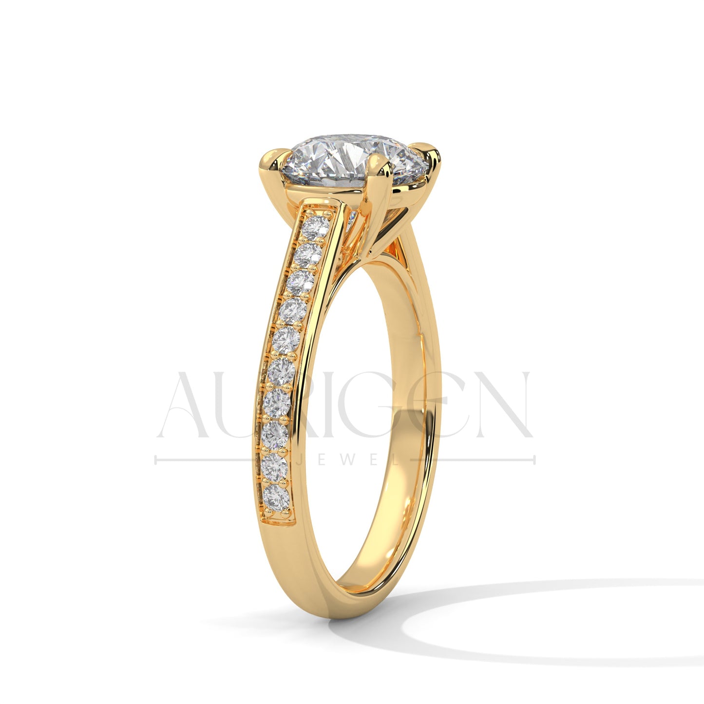 Round Cut Moissanite Diamond Ring with Pave Shank in 14K Solid Gold Engagement Ring