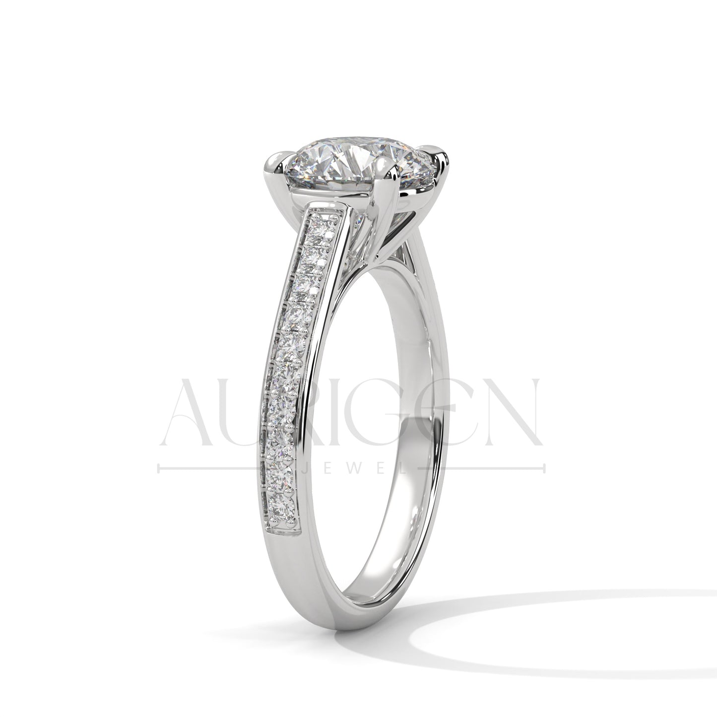 Round Cut Moissanite Diamond Ring with Pave Shank in 14K Solid Gold Engagement Ring