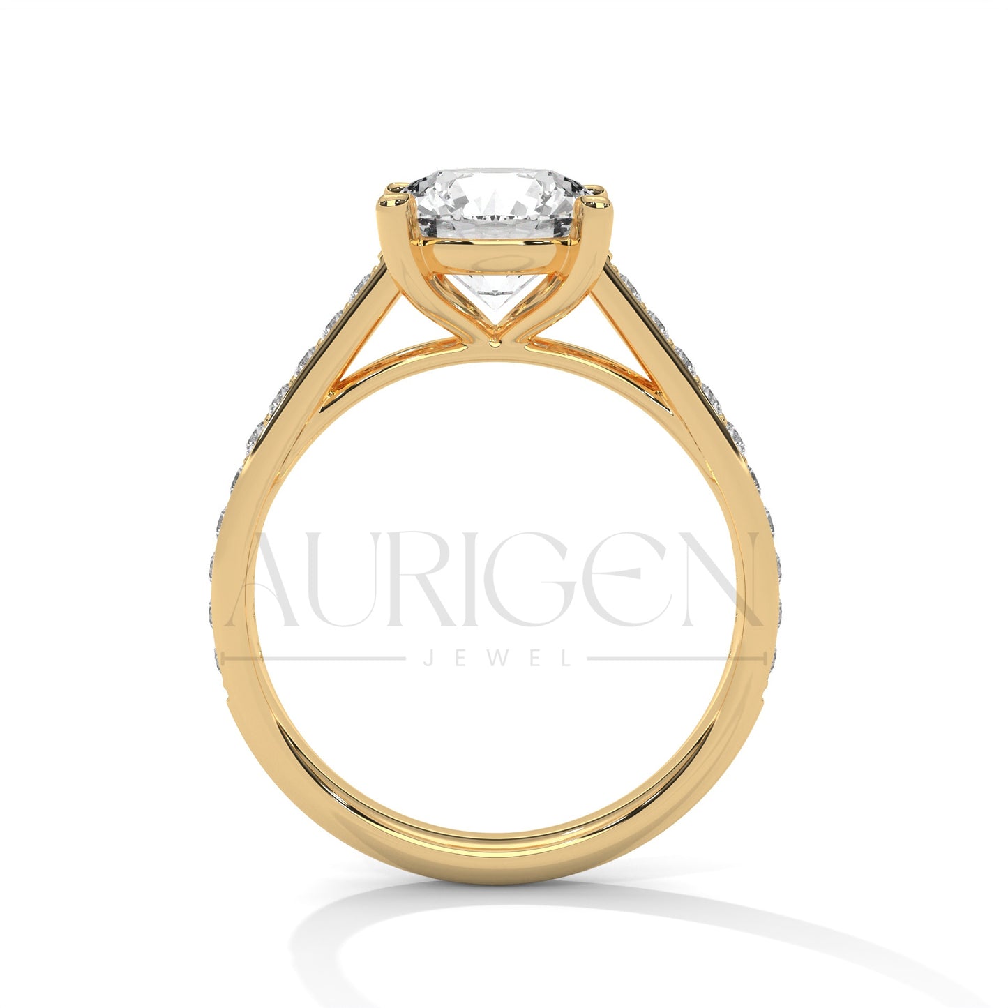Round Cut Moissanite Diamond Ring with Pave Shank in 14K Solid Gold Engagement Ring
