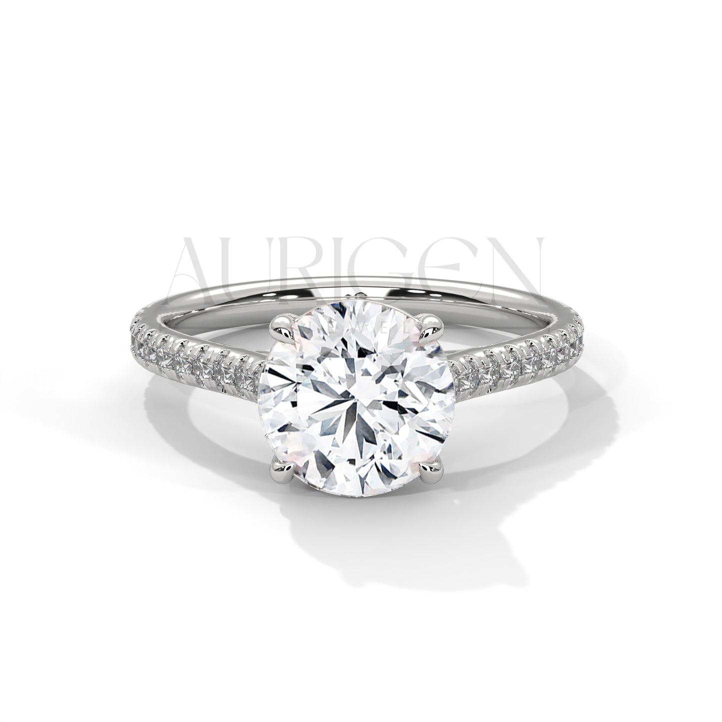Round Cut Moissanite Diamond Ring With Pave Set Diamond in 14K Solid Gold