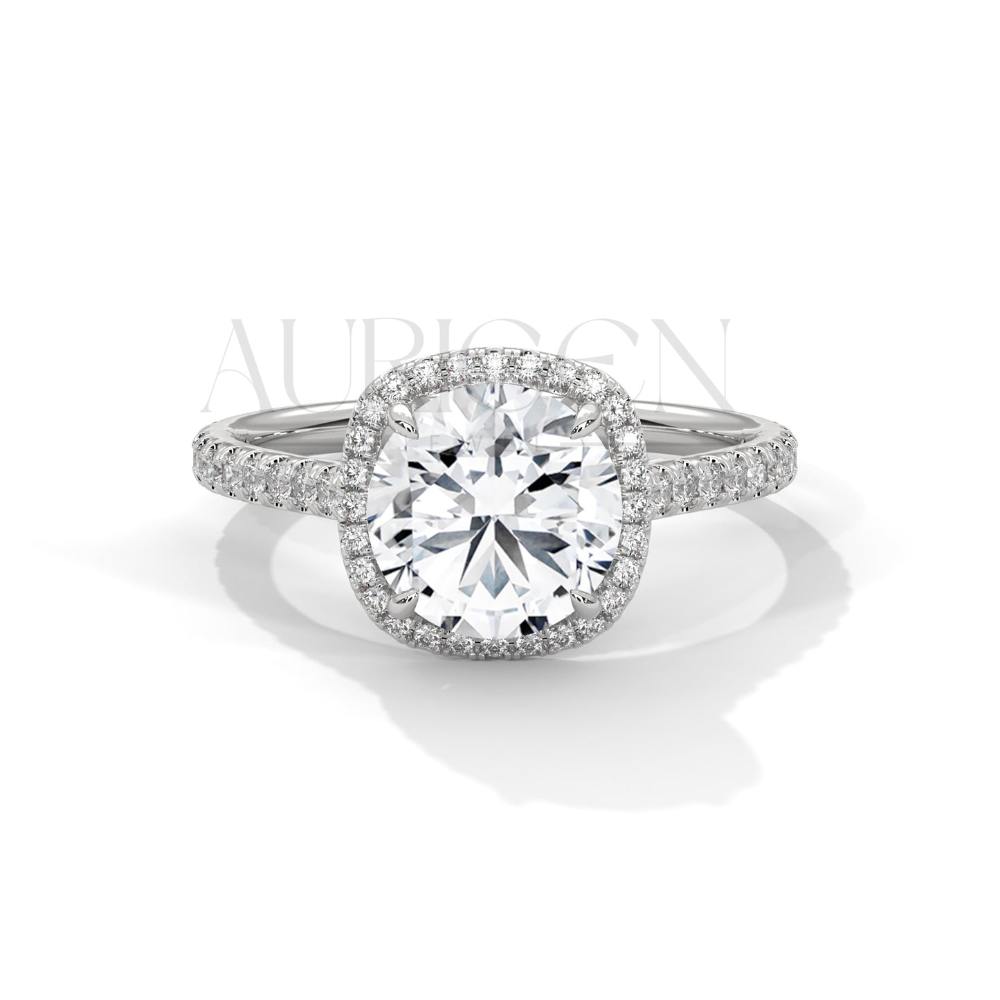 Round Brilliant Diamond Halo Engagement Ring in 14K Solid Gold with Pave Band