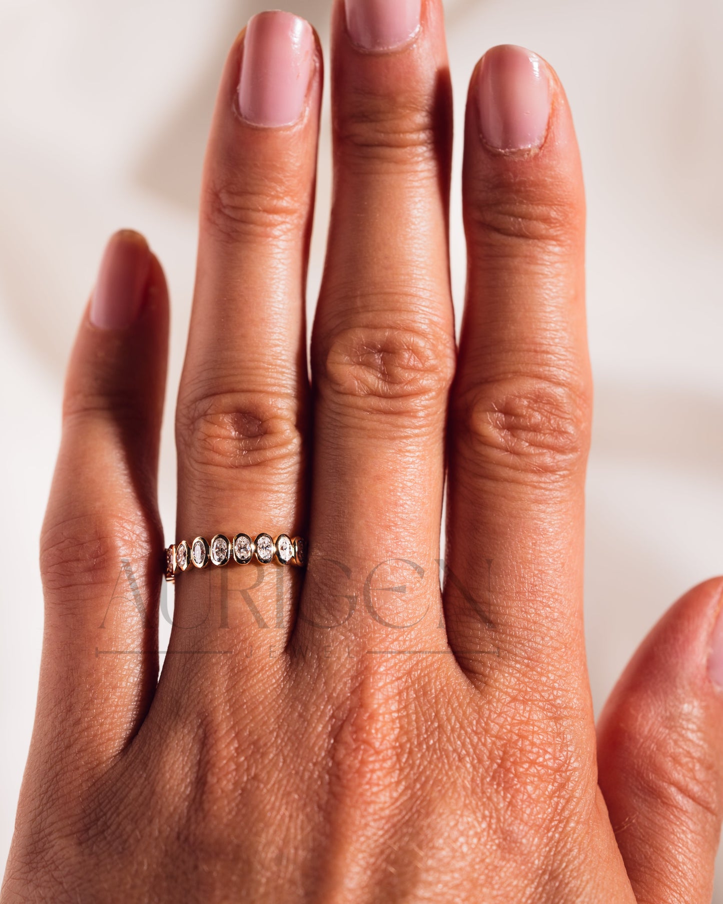 Brilliant Oval Cut Moissanite & Leb Diamond Bezel Set Eternity Band – 14K Solid Gold