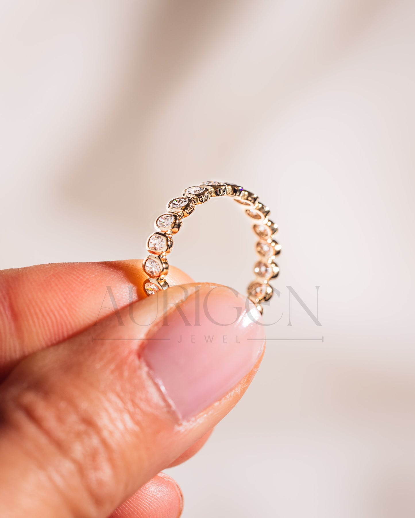 Brilliant Oval Cut Moissanite & Leb Diamond Bezel Set Eternity Band – 14K Solid Gold