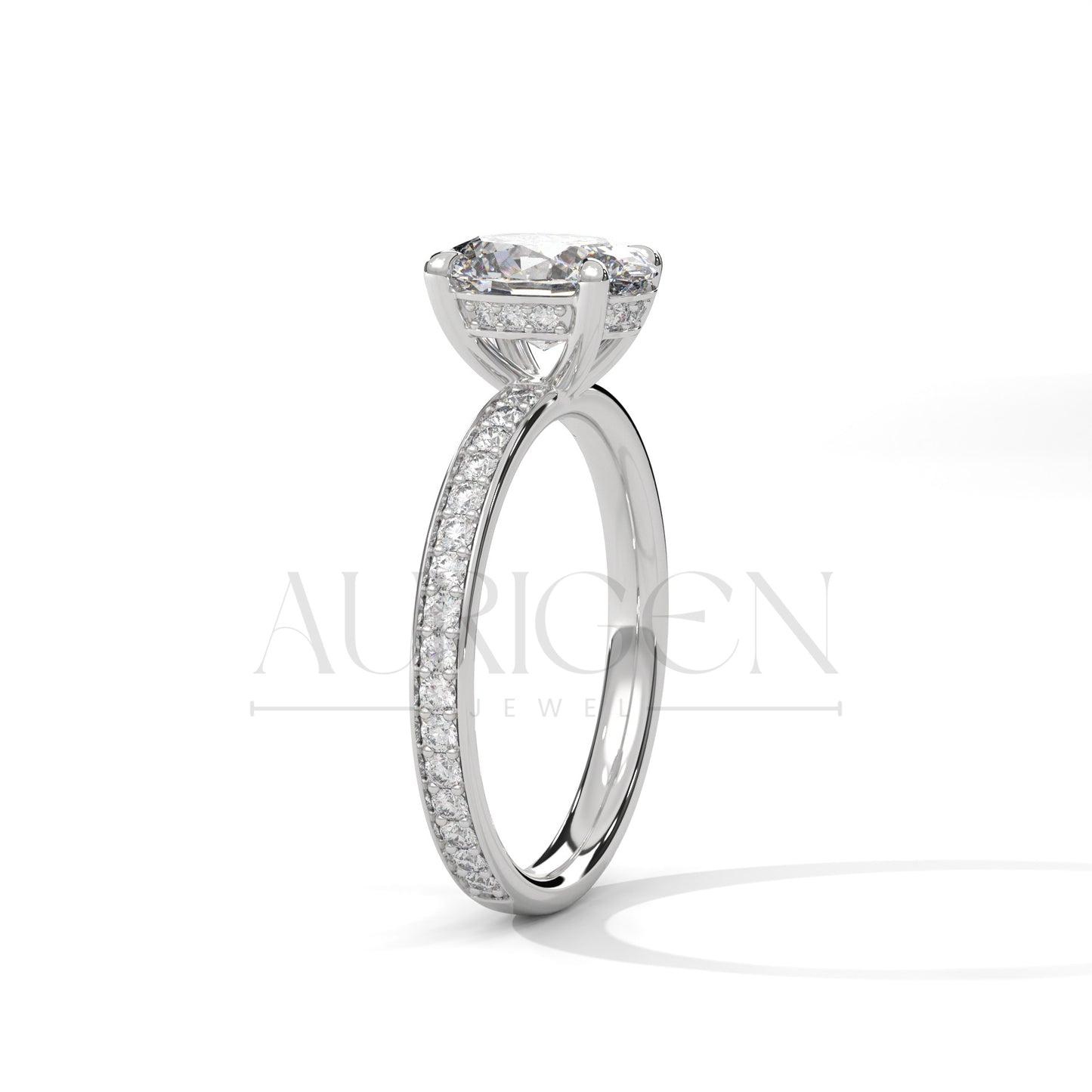Oval Cut Engagement Ring with Pave Band – 14K Solid Gold, Classic Elegance